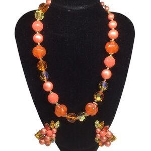 Vintage Eugene Necklace & Earrings Set Coral Faux Pearl Amber Glass Beads 1950s